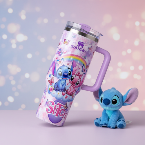 Disney Stitch & Angel "Sweet Love" 40oz Tumbler - Magical Rainbow & Butterflies Quencher with Handle